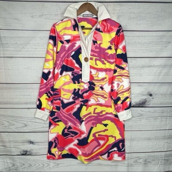 CK Bradley Shirt Dress  Pink Reef Pattern Funky Dopamine Long Sleeve Barbiecore - Picture 2 of 10